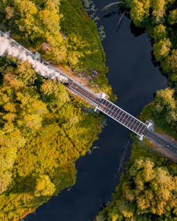 Aerial video - Train in North Karelia, Russia / Ruskeala, Russia 